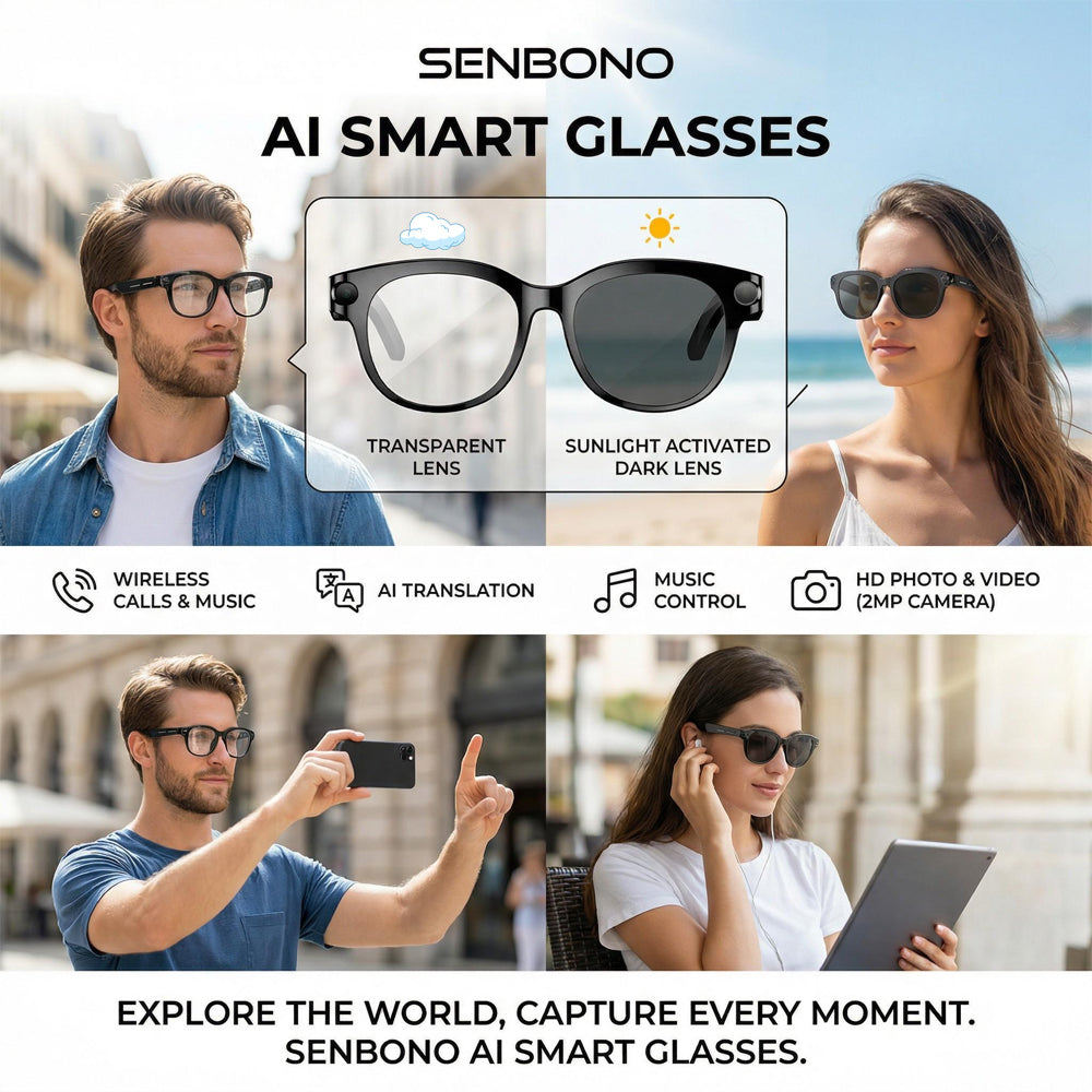 SENBONO M89 Smart Polarized Photochromic Glasses AI Real-time Translation HD Video Recording, Photography, Voice Assistant Type — Charging Unisex Color-Changing Smart Glasses