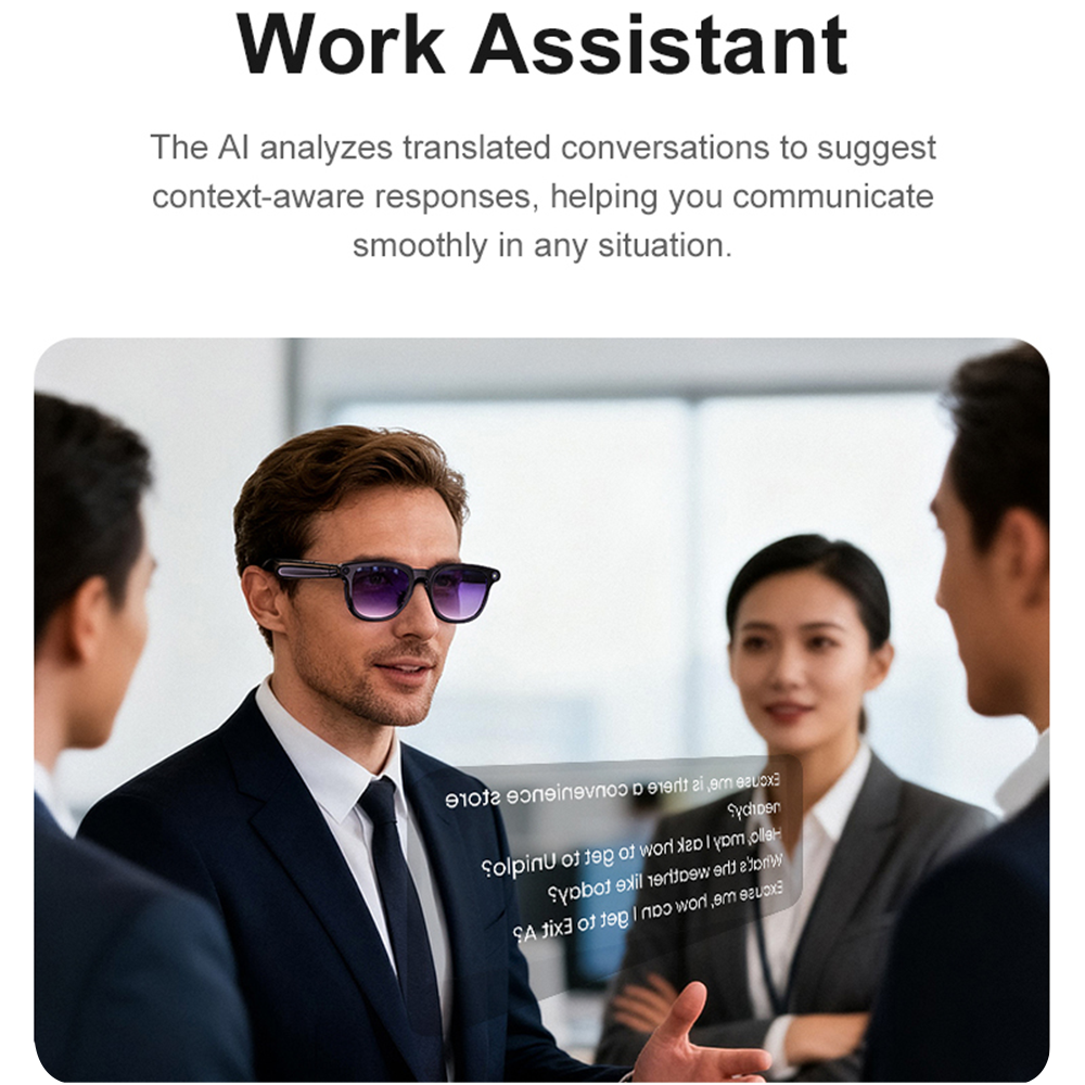 SENBONO Smart Translation Glasses A2 are equipped with an 8MP high-definition camera (GPT large model), an AI translation assistant, Bluetooth calling with dual microphones and noise reduction, and are compatible with Android and iOS systems.