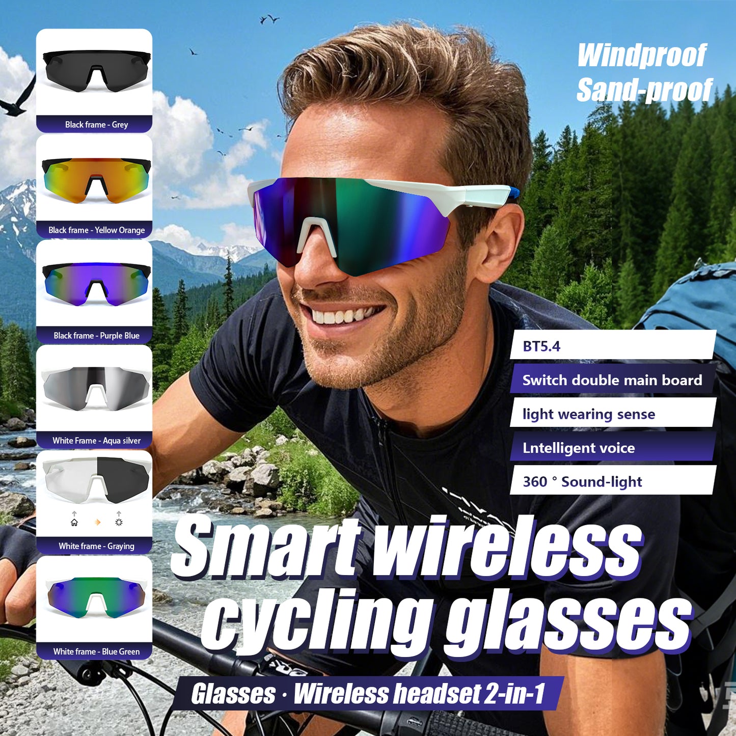 SENBONO QY-PRO2 Smart glasses are the first choice The large frame and colored polarized lenses can effectively block the glare of the sun and easily cope with scenes such as cycling and mountaineering.