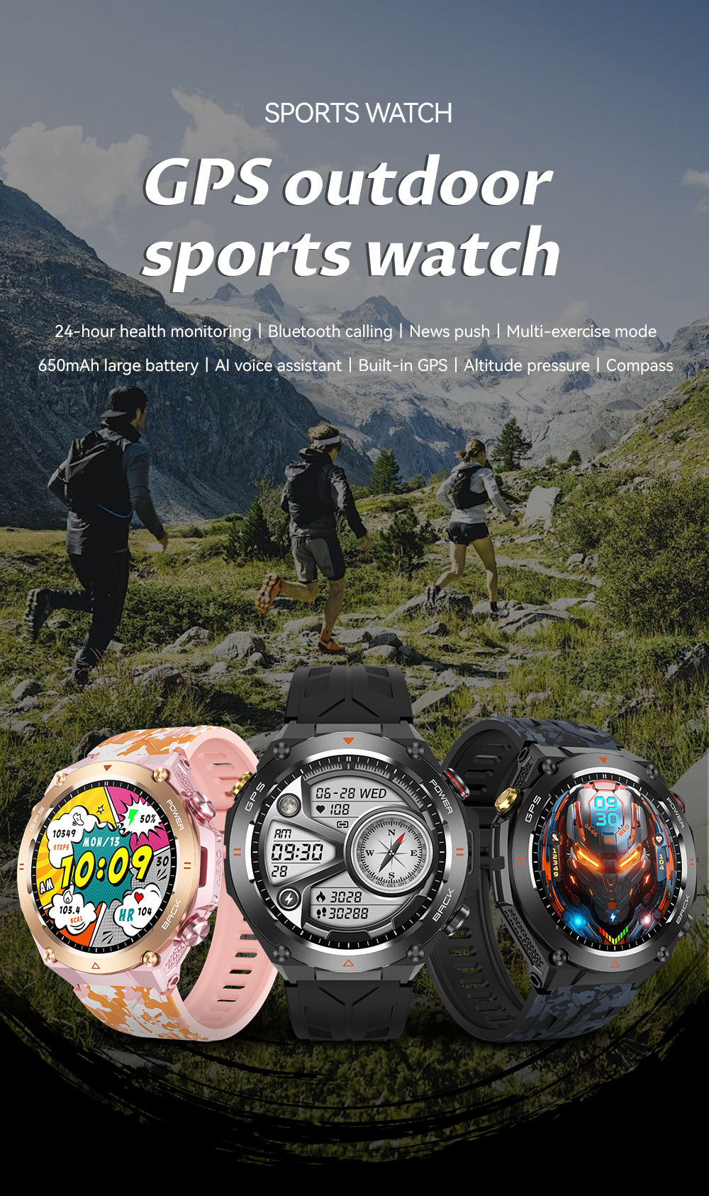 SENBONO Smart watch KC82 has built-in PGS positioning sports tracking altitude compass function AI voice assistant and Bluetooth call function and is suitable for fitness mountaineering daily life etc