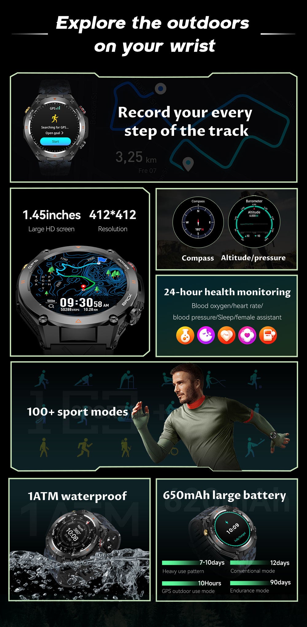 SENBONO Smart watch KC82 has built-in PGS positioning sports tracking altitude compass function AI voice assistant and Bluetooth call function and is suitable for fitness mountaineering daily life etc