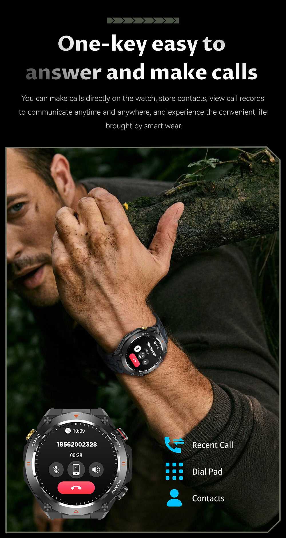 SENBONO Smart watch KC82 has built-in PGS positioning sports tracking altitude compass function AI voice assistant and Bluetooth call function and is suitable for fitness mountaineering daily life etc