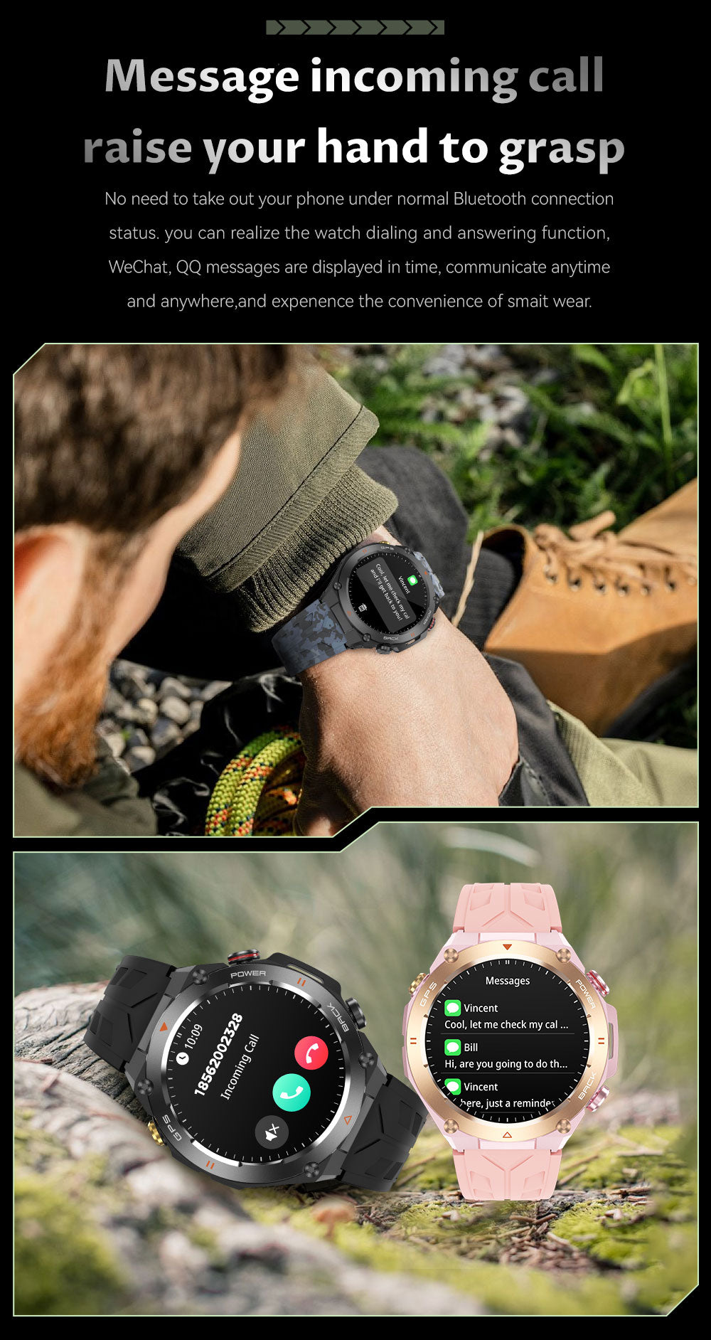 SENBONO Smart watch KC82 has built-in PGS positioning sports tracking altitude compass function AI voice assistant and Bluetooth call function and is suitable for fitness mountaineering daily life etc