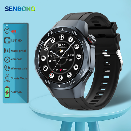 SENBONO Android Smartwatch damen C10 features GPS, a compass, wireless calling, heart rate and blood oxygen monitoring, multiple sports function modes, and a 1.53-inch IPS HD screen suitable for outdoor use.