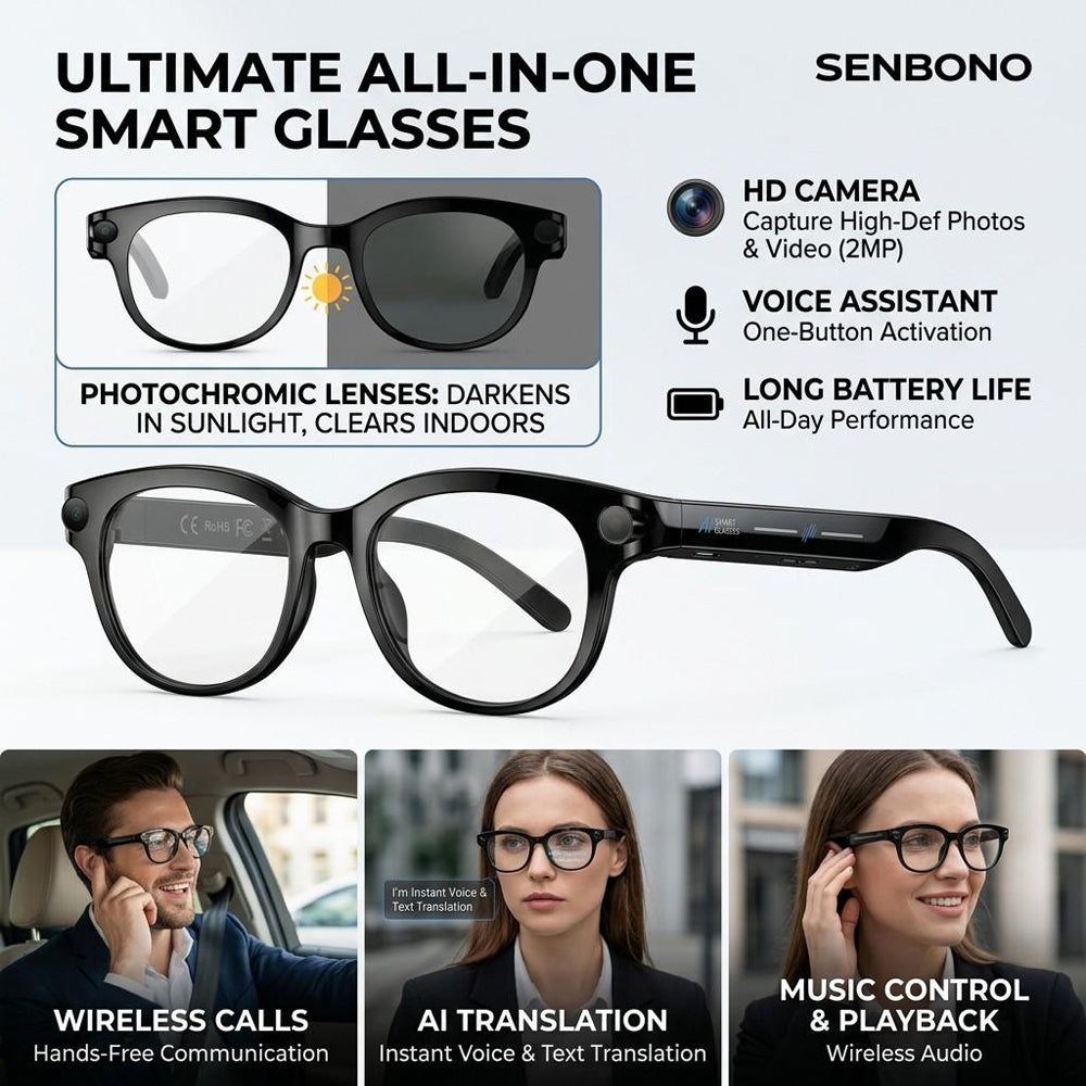 SENBONO M89 Smart Polarized Photochromic Glasses AI Real-time Translation HD Video Recording, Photography, Voice Assistant Type — Charging Unisex Color-Changing Smart Glasses