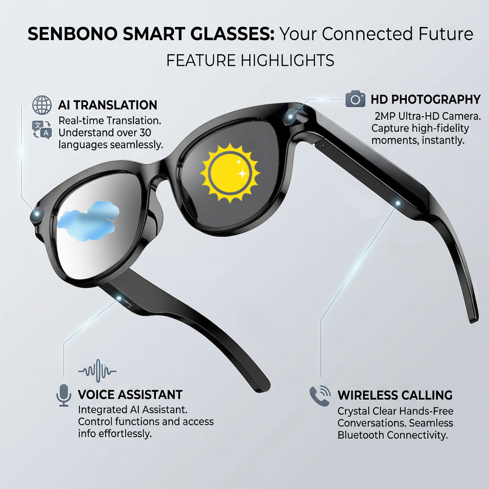 SENBONO M89 Smart Polarized Photochromic Glasses AI Real-time Translation HD Video Recording, Photography, Voice Assistant Type — Charging Unisex Color-Changing Smart Glasses