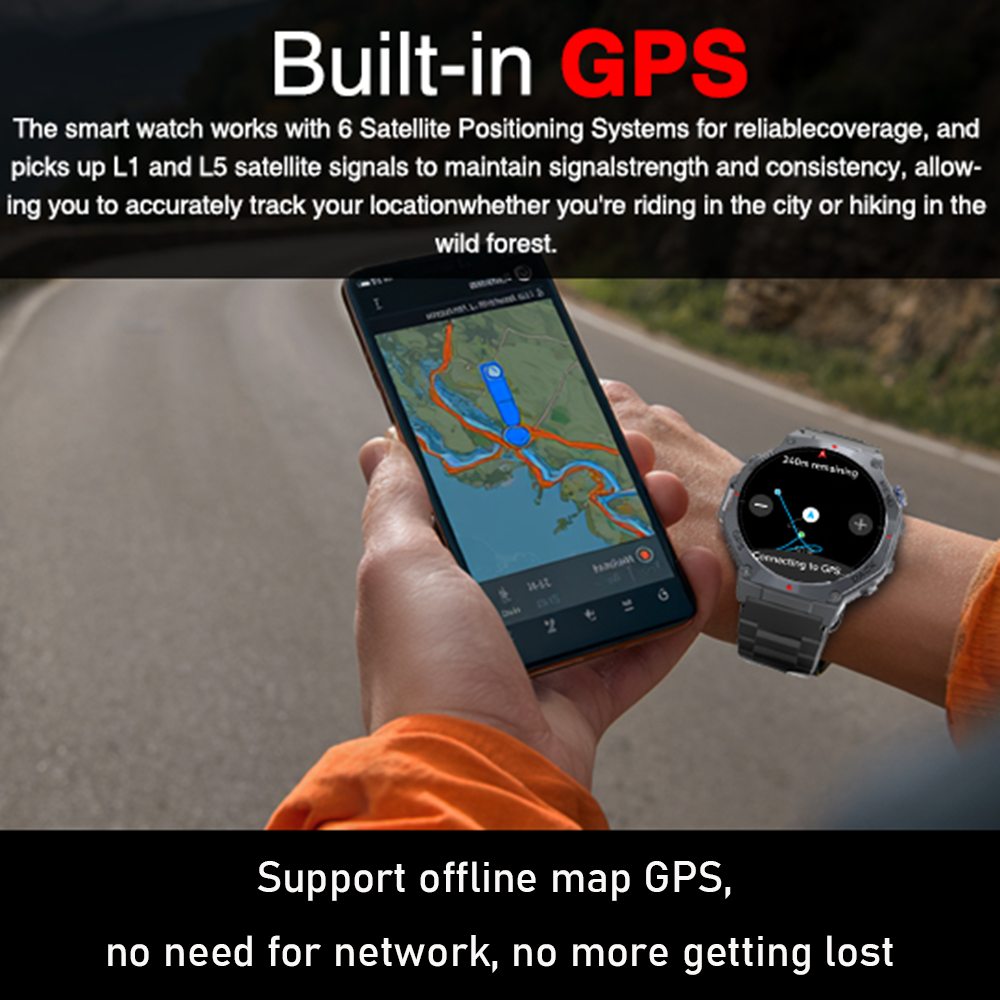 SENBONO Men's Smartwatch V20 with GPS + offline map 1.43-inch touchscreen dual-mode Bluetooth calling instant connection multiple sports modes Ideal for sports and fitness