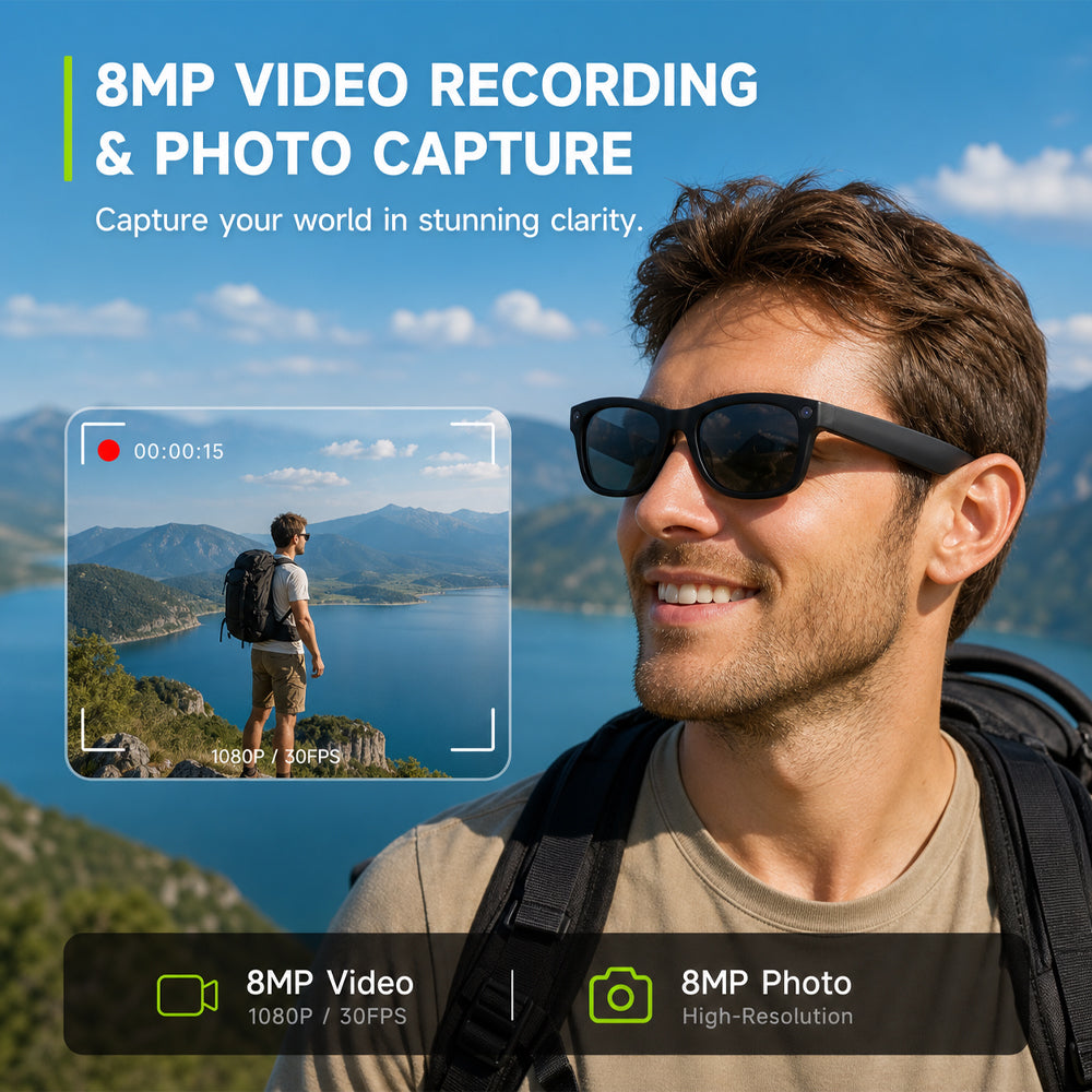 SENBONO MT5 Ultra AI Smart Camera Glasses: 8MP video recording, camera, object recognition, AI translation, wireless calling, Hi-Fi audio, dual-microphone noise reduction, smart camera glasses with built-in camera.