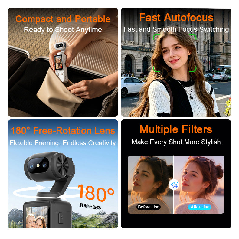 SENBONO A30 4K Ultra HD Pocket Camera Handheld Camcorder 180° Rotatable Lens 2000mAh Battery Support Photo and Video Recording Portable Digital Camera