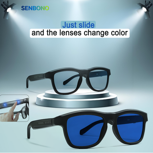 SENBONO Smart translation glasses GV90 lenses slide to change color UV400 anti-dizziness unilateral magnetic charging answering and making calls playing music and remote control photography