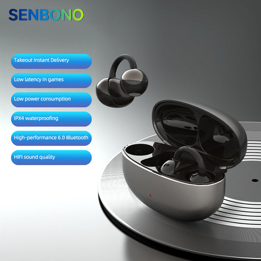 SENBONO Q13 2026 New Clip-On Wireless Earbuds — High-performance Bluetooth 6.0, instant automatic pairing, low power consumption with long battery life, IPX4 sweat and water resistance, Hi-Fi stereo sound quality; compatible with iOS and Android devices.