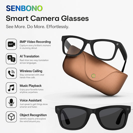SENBONO MT5 Ultra AI Smart Camera Glasses: 8MP video recording, camera, object recognition, AI translation, wireless calling, Hi-Fi audio, dual-microphone noise reduction, smart camera glasses with built-in camera.