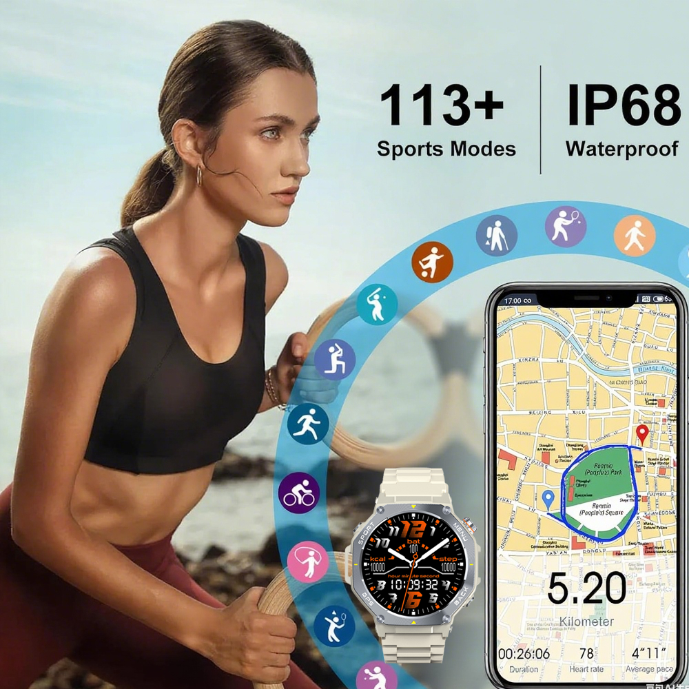 SENBONO Men's Smartwatch V20 with GPS + offline map 1.43-inch touchscreen dual-mode Bluetooth calling instant connection multiple sports modes Ideal for sports and fitness