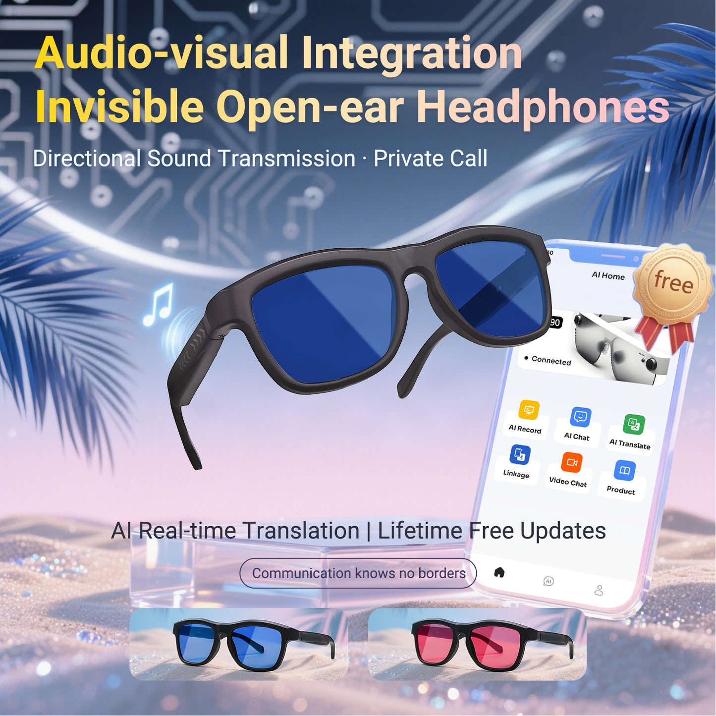 SENBONO Smart translation glasses GV90 lenses slide to change color UV400 anti-dizziness unilateral magnetic charging answering and making calls playing music and remote control photography