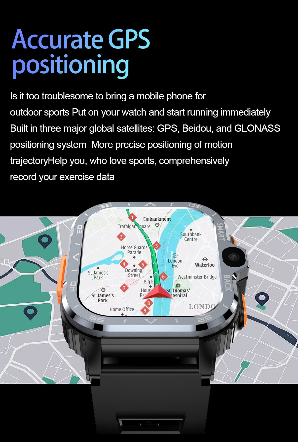SENBONO Smart Dual-Camera Watch with Calling Functionality Supports 4G GPS navigation Video recording SMS heart rate Blood oxygen Blood pressure Monitoring multiple Sports modes and is a men's smart 4G watch