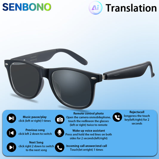 SENBONO AI Smart Translation Glasses A01 Wireless Bluetooth Glasses with TWS Audio Hands-free Call Music Cycling Sports Outdoor Smart Glasses with AI