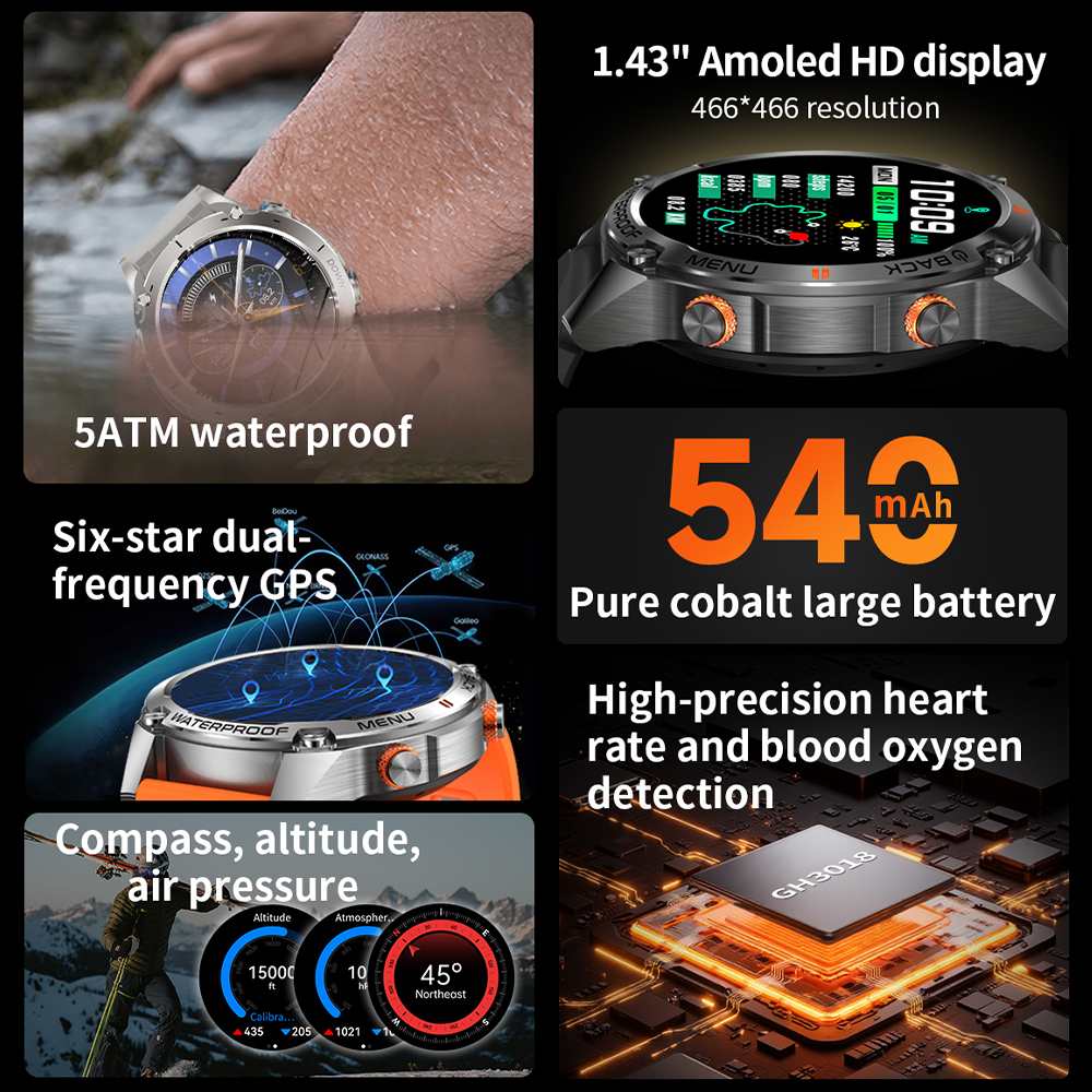 SENBONO Smart Outdoor Watch G100 Sports Watch 1.43 Inch GPS Bluetooth Calling Voice Assistant Remote Camera Fitness Tracker Smart Sports Glasses
