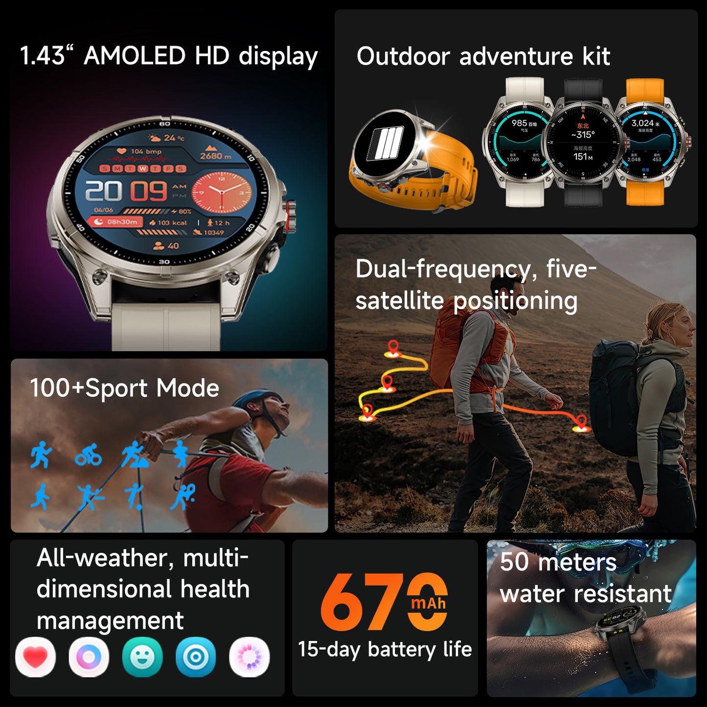 SENBONO FT66 Smartwatch 1.43-inch AMOLED screen GPS positioning flashlight 5ATM waterproof outdoor GPS smartwatch