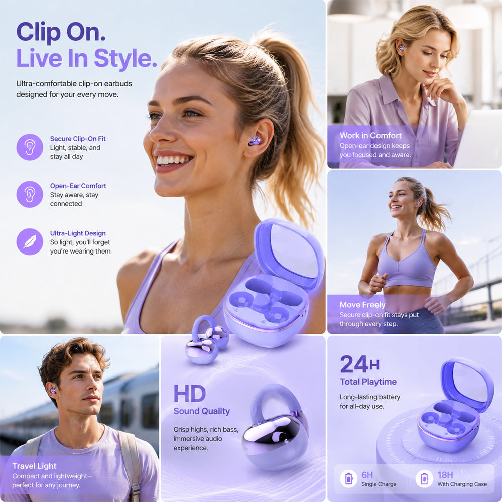 SENBONO Q11 Lightweight Clip-on Wireless Bluetooth Earphones - Open-ear design, stereo sound, high-definition calls, IPX4 waterproof and sweatproof, long standby time, low latency for gaming, compatible with both IOS and Android.