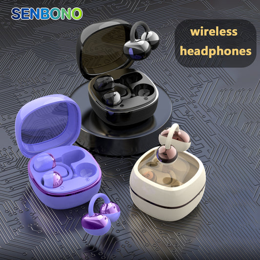 SENBONO Q11 Lightweight Clip-on Wireless Bluetooth Earphones - Open-ear design, stereo sound, high-definition calls, IPX4 waterproof and sweatproof, long standby time, low latency for gaming, compatible with both IOS and Android.