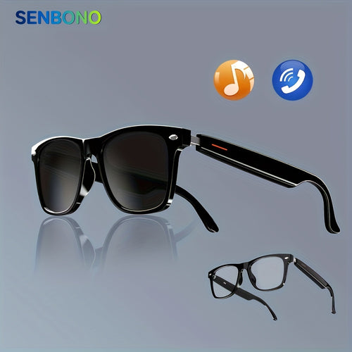 SENBONO E13 Smart Glasses, Voice Control And Open Ear Style Smart Glasses Listen To Music And Calls With Volume UP And Down, Sports Sunshine Sunglasses, Rectangular, Black, BT5.0 Audio Glasses Gift For Birthday/Valentines/Easter/Boy/Girlfriends