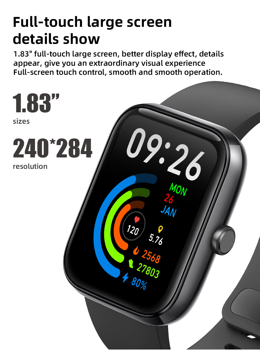 SENBONO Smartwatch IDW25 full screen touch IP68 waterproof 1.83-inch custom dial female health tracking, monitoring heart rate blood oxygen and other health data